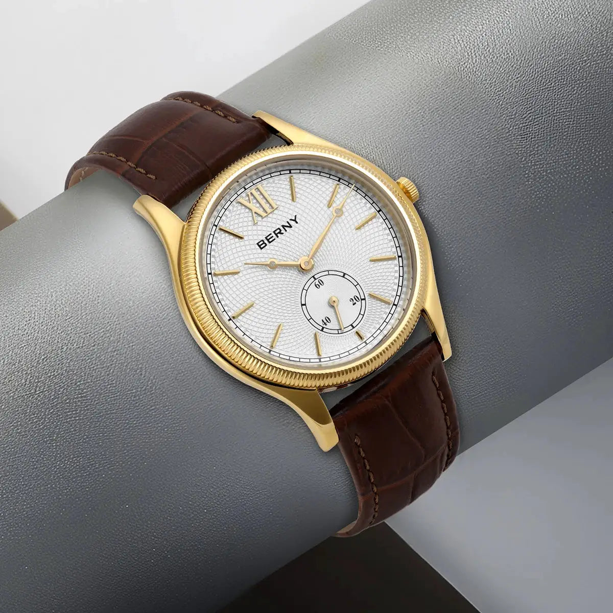 BERNY gold-tone quartz men's watch with textured white dial and brown leather strap