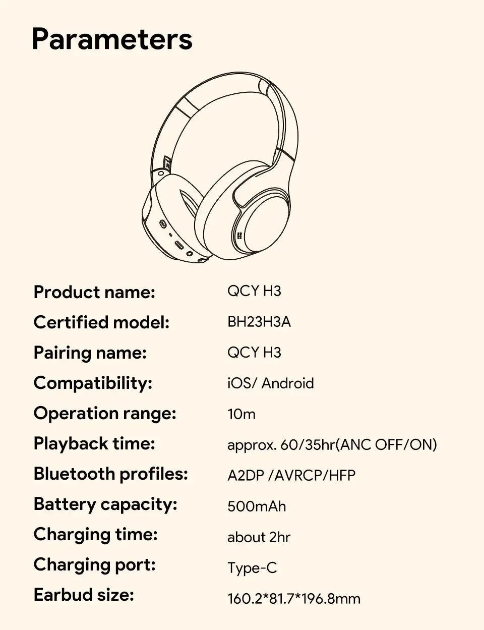 QCY H3 over-ear wireless headphones with 43dB hybrid ANC and Bluetooth 5.4, shown with a parameters/specs list