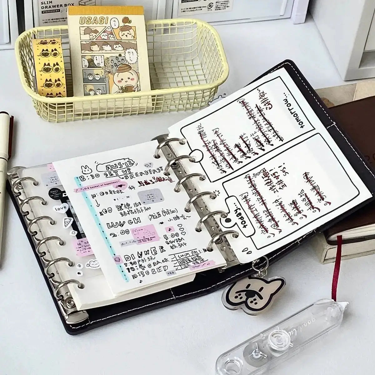 A7 dark brown faux-leather binder notebook with detachable loose-leaf pages and 80 pages
