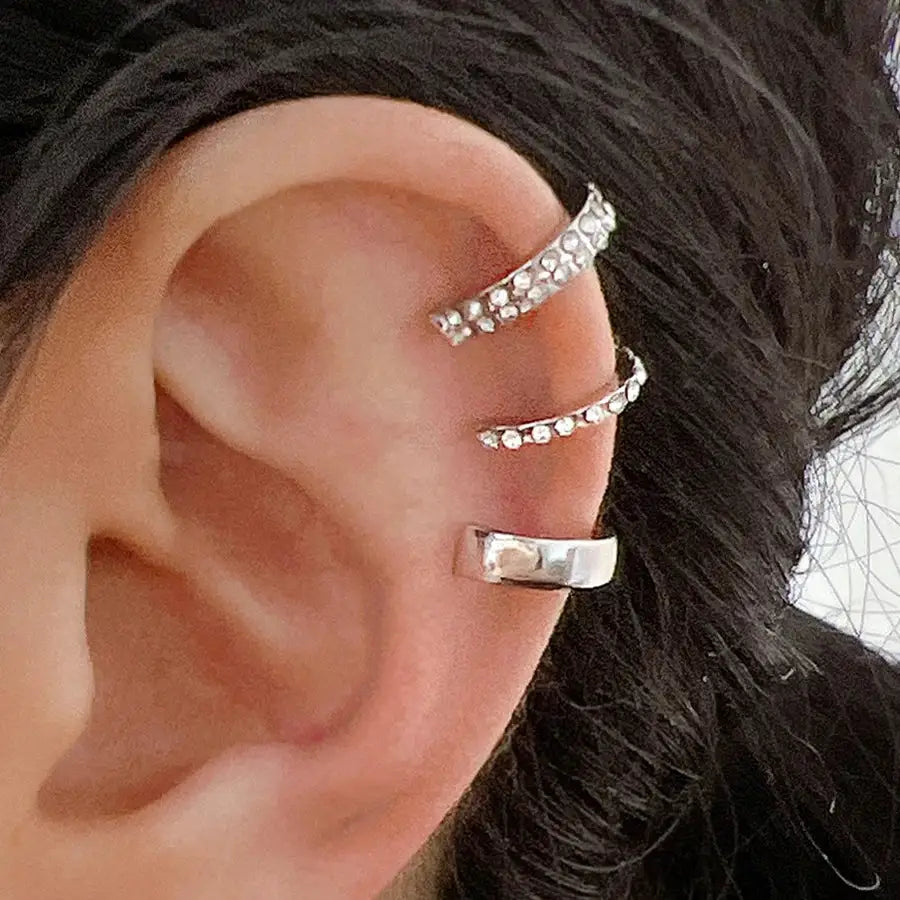 3Pcs crystal ear cuff set for women, non-piercing silver-tone cartilage clip earrings