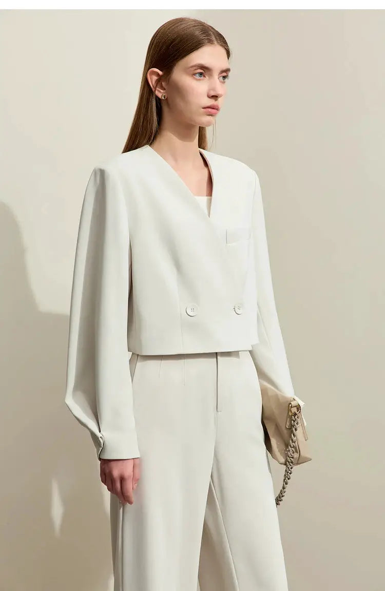 AMII Minimalism women's cream blazer and matching pants two-piece set, Simples Market