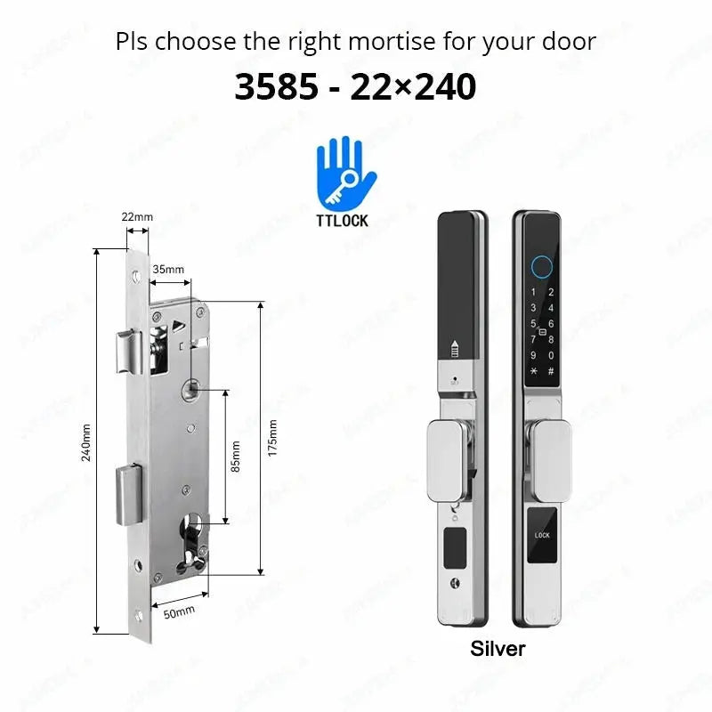 Smart sliding door lock set, silver aluminum finish with TTLock fingerprint keypad and RFID access