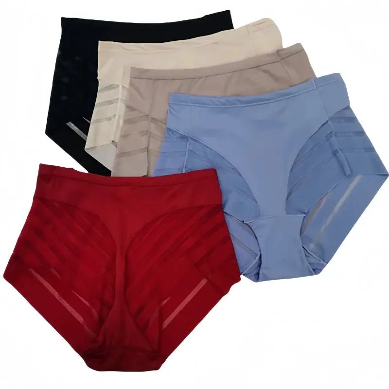 Simples Market women's ice silk tummy-control briefs; five colors with mesh splice panels and mid-waist butt lifter.