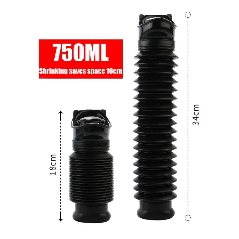 Simples Market 750ml portable collapsible urinal bottle, black, for adults and kids; shown collapsed and extended.