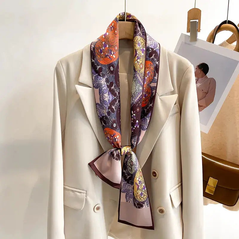 LuxeSilk Silk Feel Printed Design Scarf Versatile Long Narrow Silk Shawl For Fashionable Styles