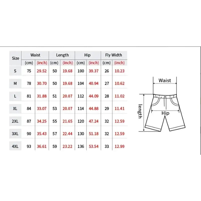 ONE PIECE Luffy Sauron printed shorts size chart with waist, length, hip and fly width measurements; Simples Market.