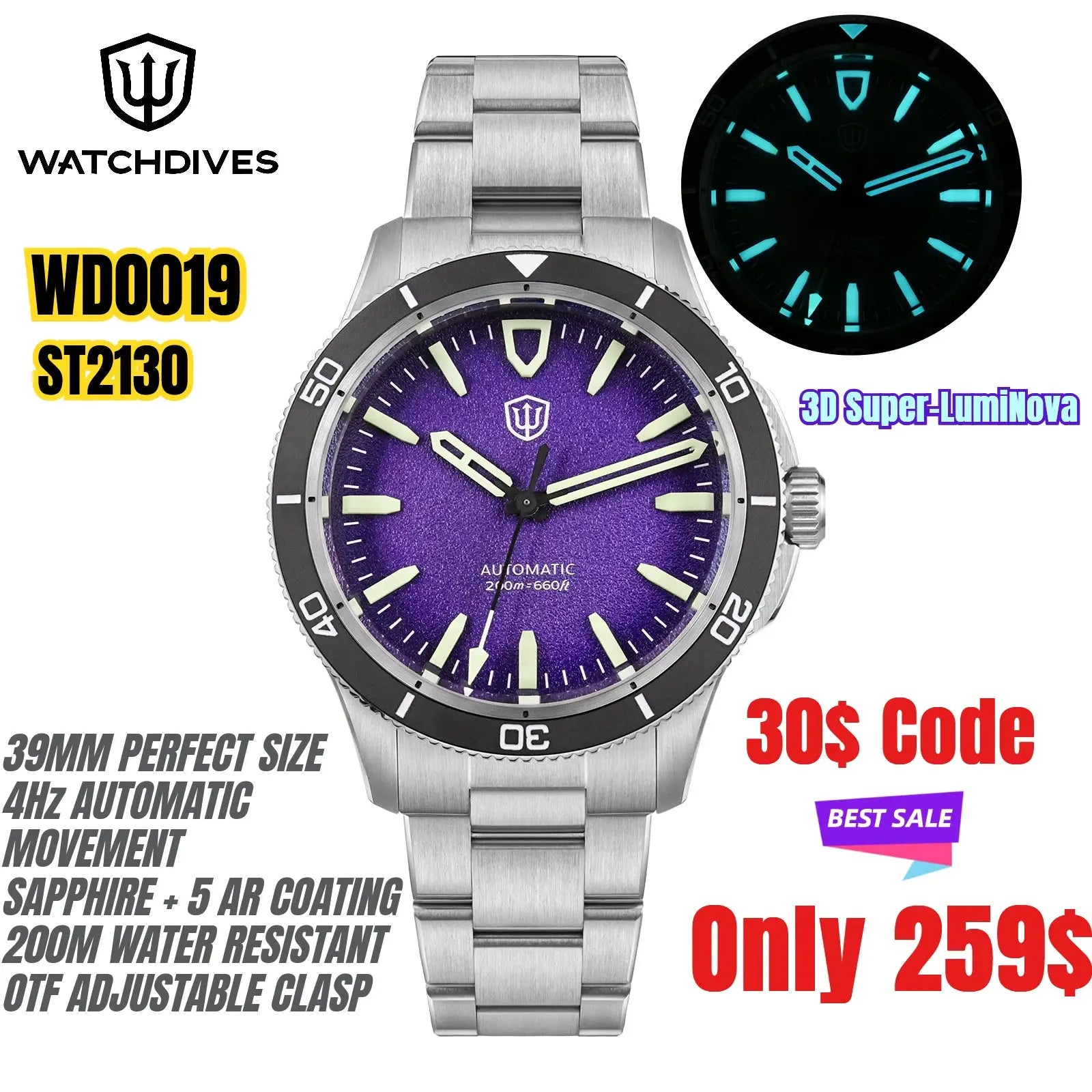 Watchdives WD0019 automatic watch, 39mm, stainless steel bracelet, purple dial, luminous hands, 200M water resistant