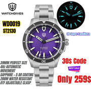 Watchdives WD0019 automatic watch, 39mm, stainless steel bracelet, purple dial, luminous hands, 200M water resistant