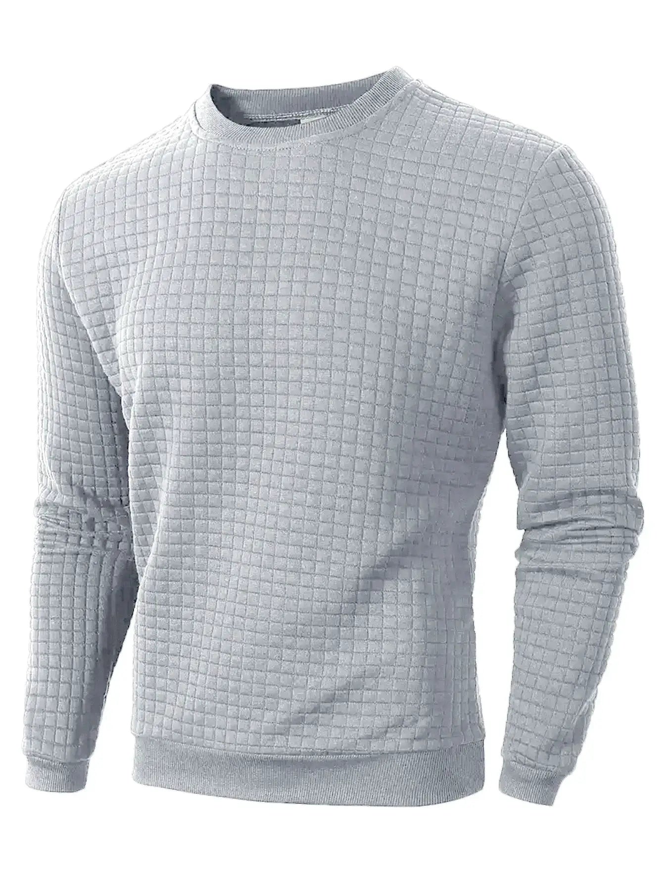 Autumn men's crew neck pullover; grey quilted grid-knit with long sleeves, Simples Market