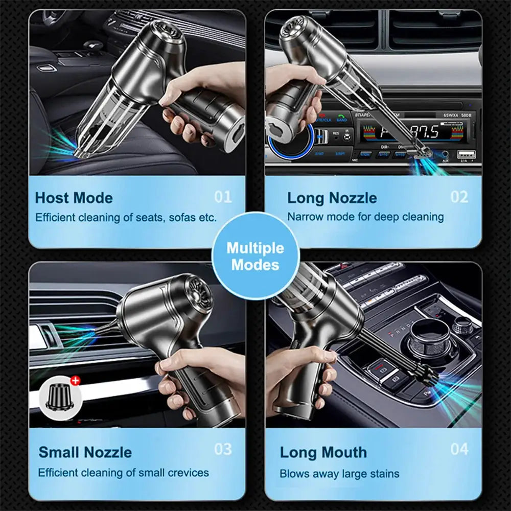 Silver wireless handheld car vacuum cleaner with 95000PA suction and multiple nozzle modes.