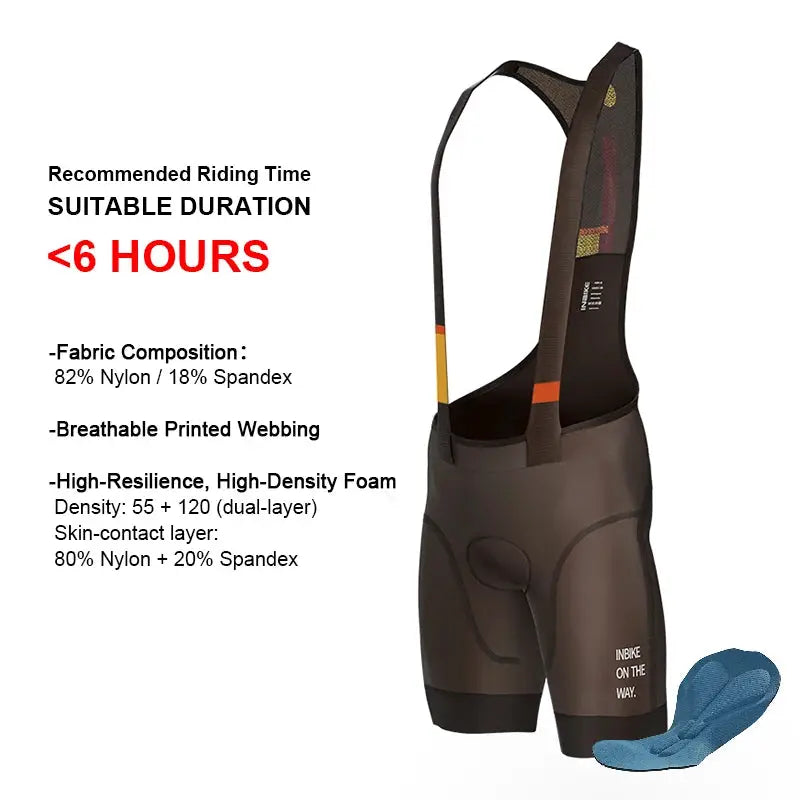 INBIKE men's MTB cycling bib shorts in brown with suspenders; blue flip-flops included