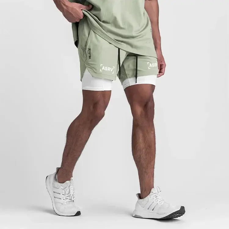 ASRV men's quick-dry 2-in-1 double-deck athletic shorts in olive with white liner; ASRV logo visible