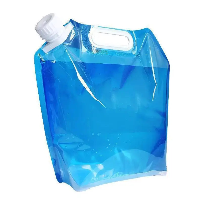 Collapsible blue water container bag, 5L/10L, for outdoor camping and hiking with white screw cap and carry handle