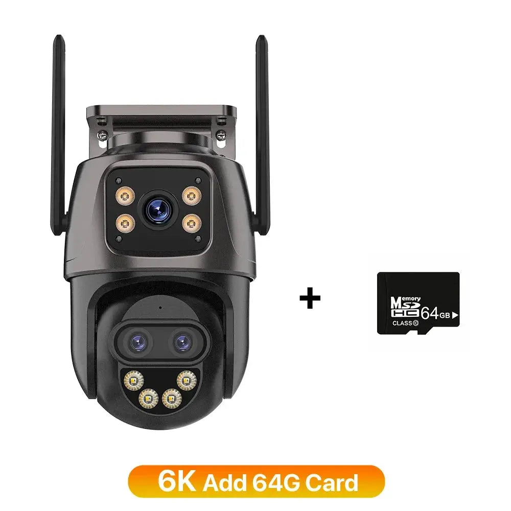 Simples Market IP Camera 6K outdoor WiFi PTZ with dual lenses; camera and 64GB microSD card included