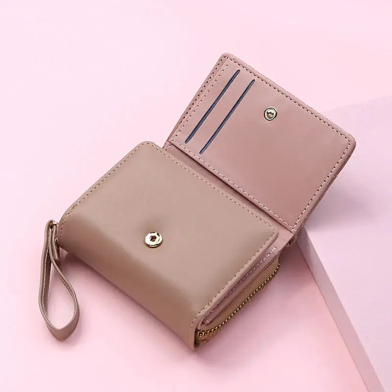 Simples Market women's tri-fold PU leather wallet in pink-beige with card slots and zipper coin pocket