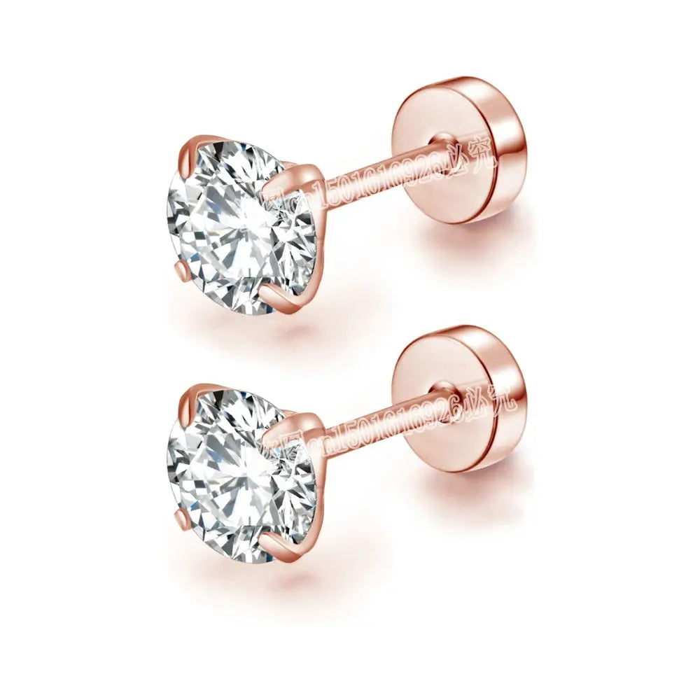 Stainless Steel Titanium Round Cubic Zirconia Stud Earrings for Women and Men with Screw Back Closure Silver