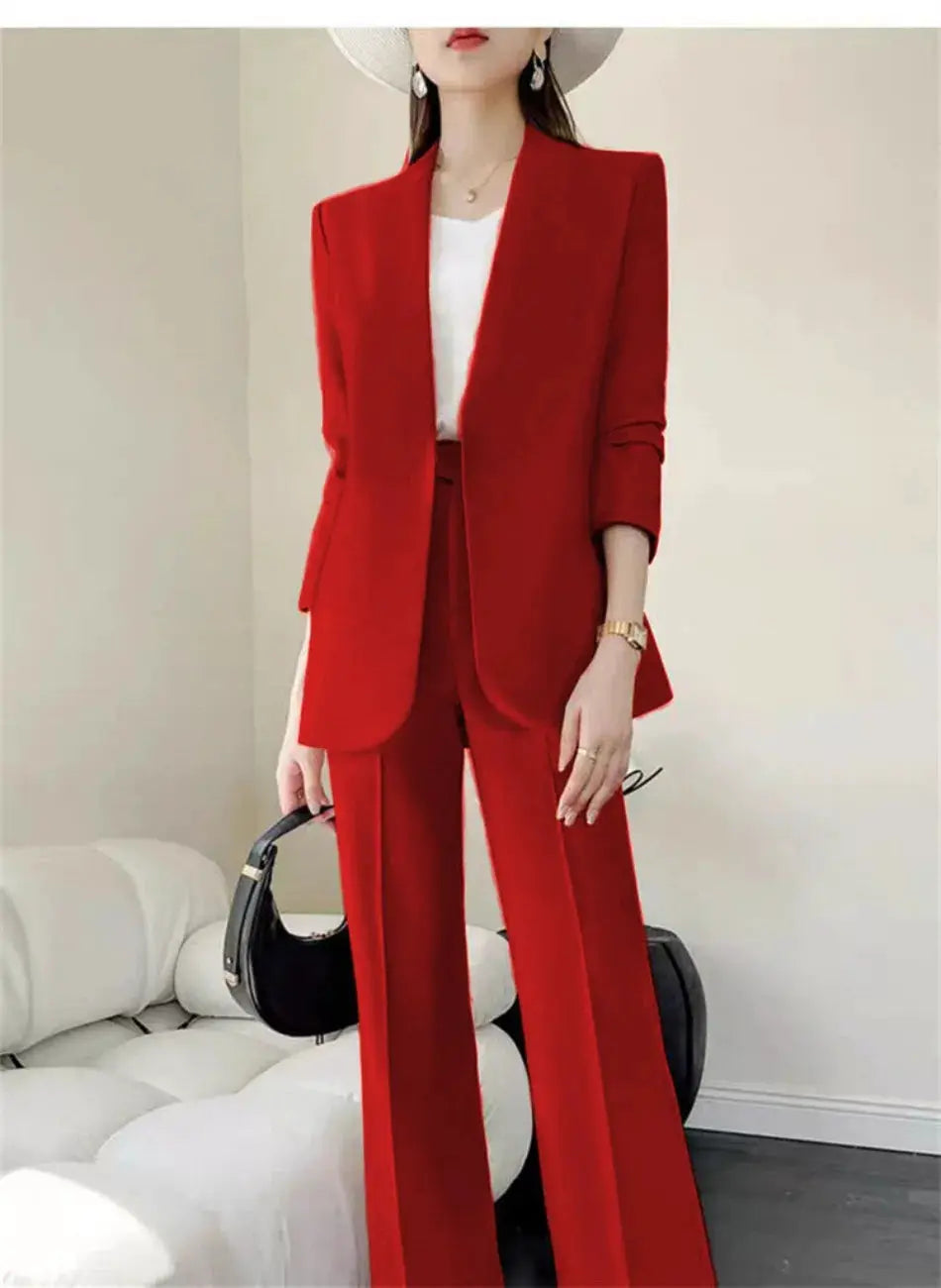 Red women's 2-piece blazer and wide-leg pants suit set