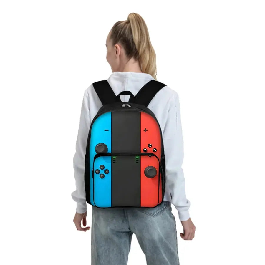 GamePad pattern square-front backpack with a front pocket in blue, black, and red Joy-Con color blocks