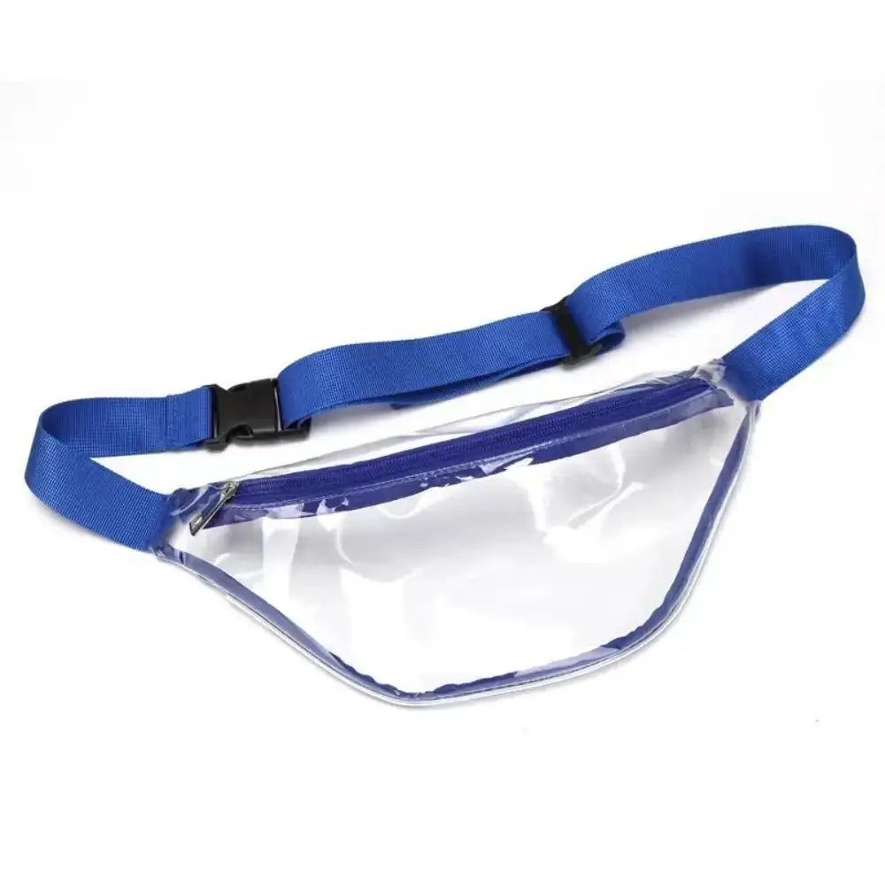 Transparent PVC waterproof waist pack with blue strap and zipper.