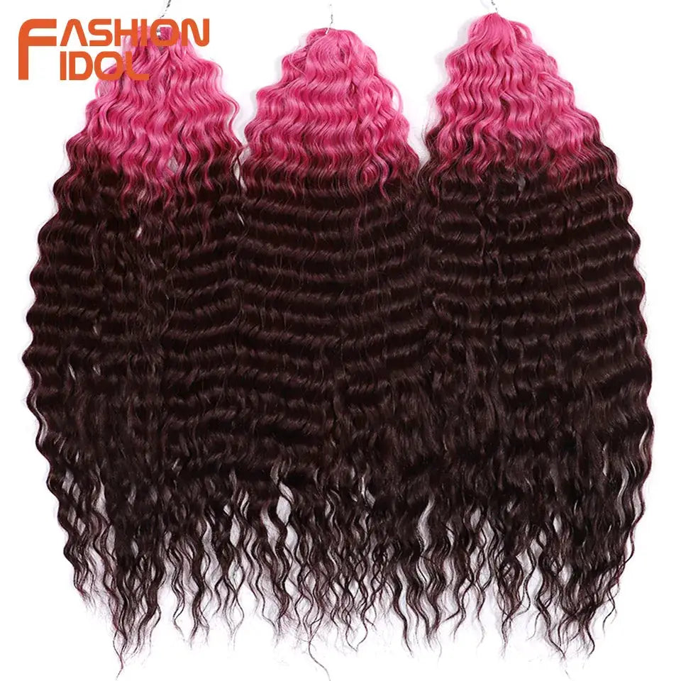 Fashion Idol Ariel Curl water-wave crochet hair extensions, 3 bundles, pink-to-dark-brown ombre, 22in, Simples Market