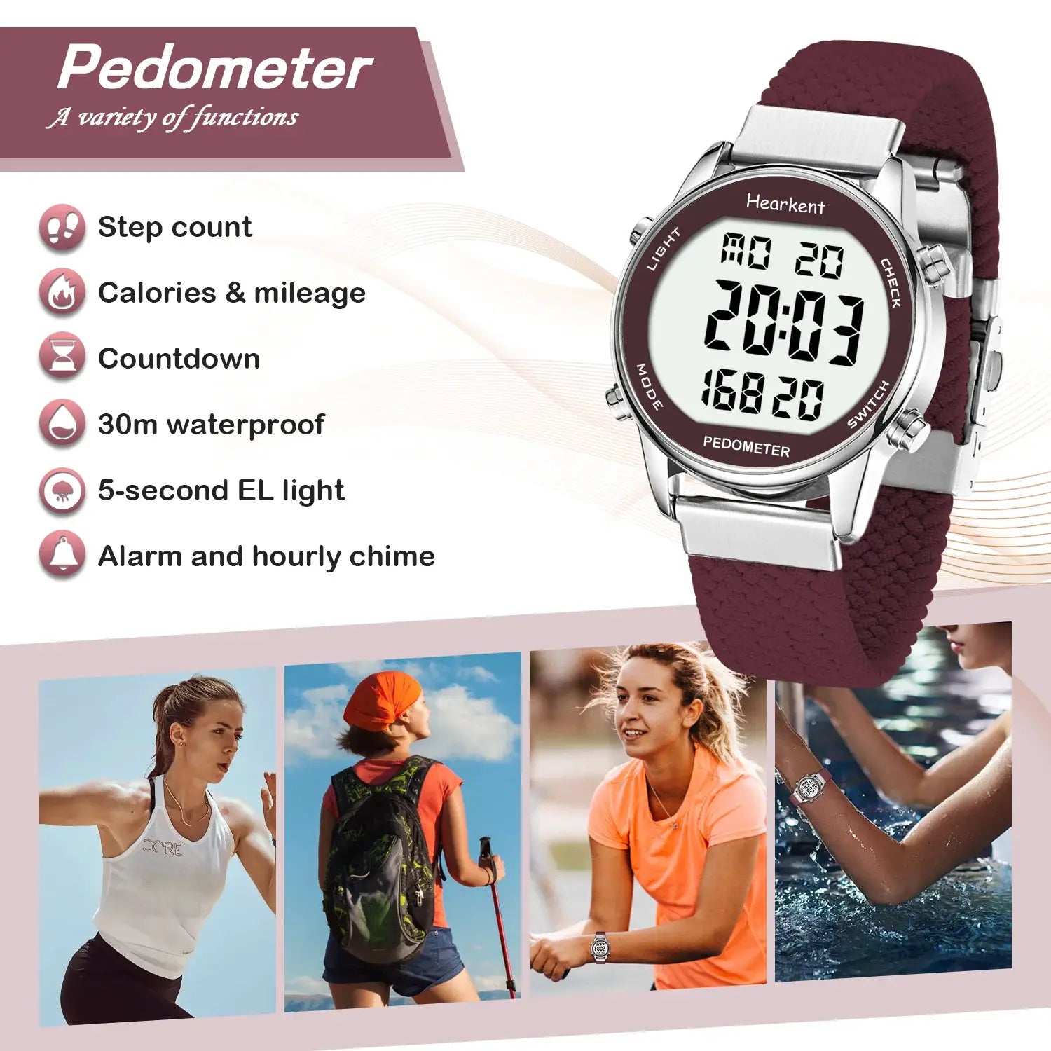 Hearkent pedometer sport watch with burgundy strap; digital display, steps, calories, countdown; 30m waterproof