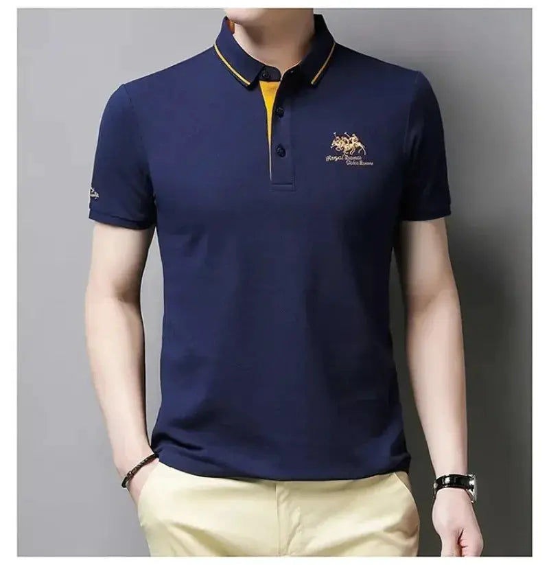 Men's navy polo shirt with yellow piping on the collar and a small embroidered crest on the chest.