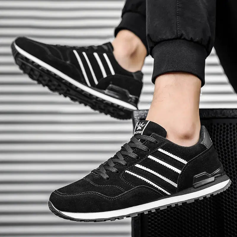 Artificial leather men's casual sneakers by Simples Market, black with white stripes, lace-up