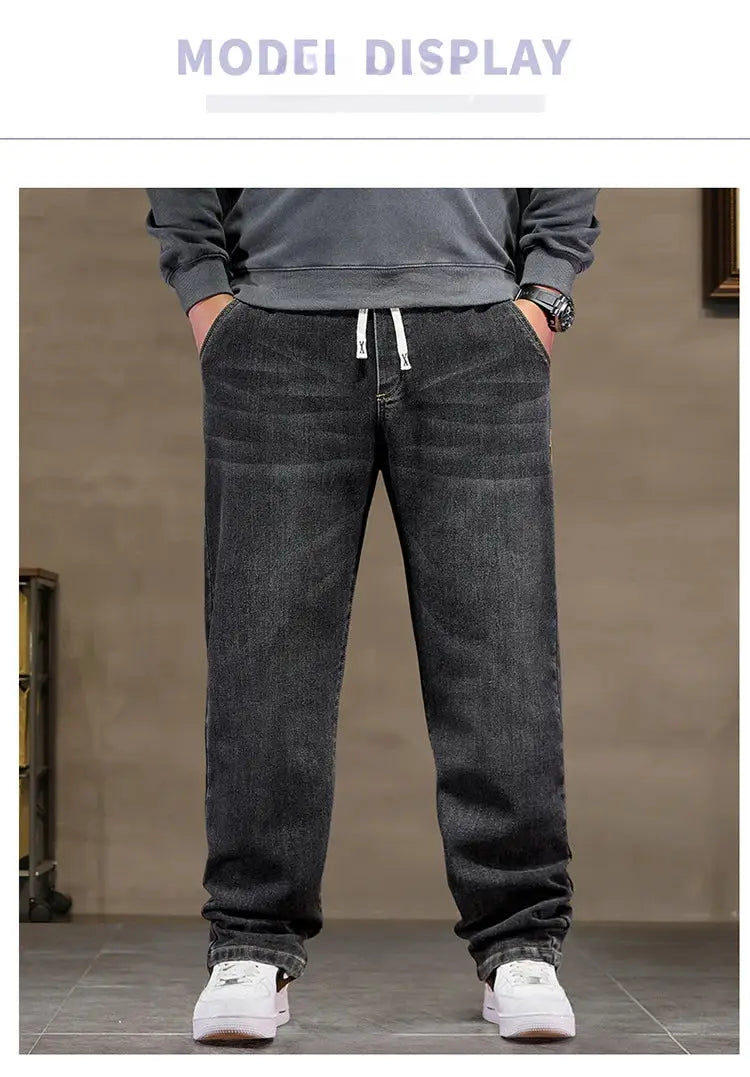 Simples Market extra-big men's black denim jeans with high elastic waist, baggy fit (8XL/6XL)
