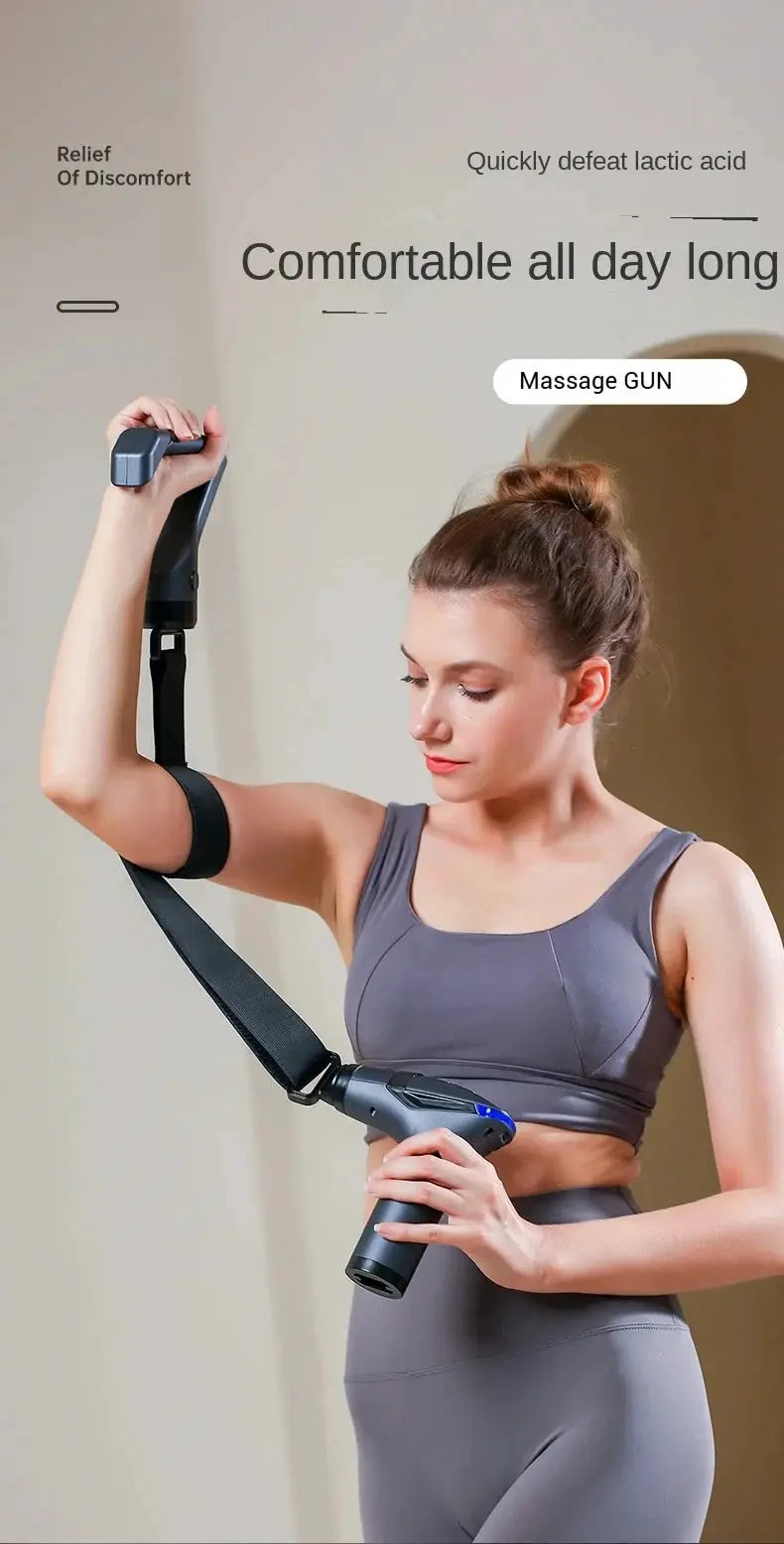 Simples Market long-handle electric massage gun with strap, gray cordless percussion massager.