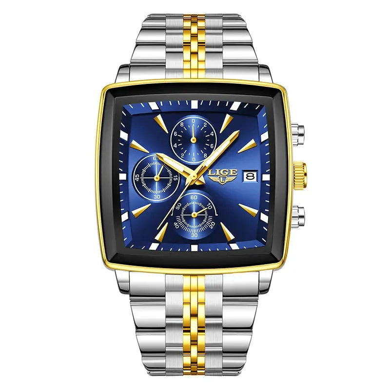 LIGE men's luxury square-dial watch with two-tone stainless steel bracelet and blue chronograph dial