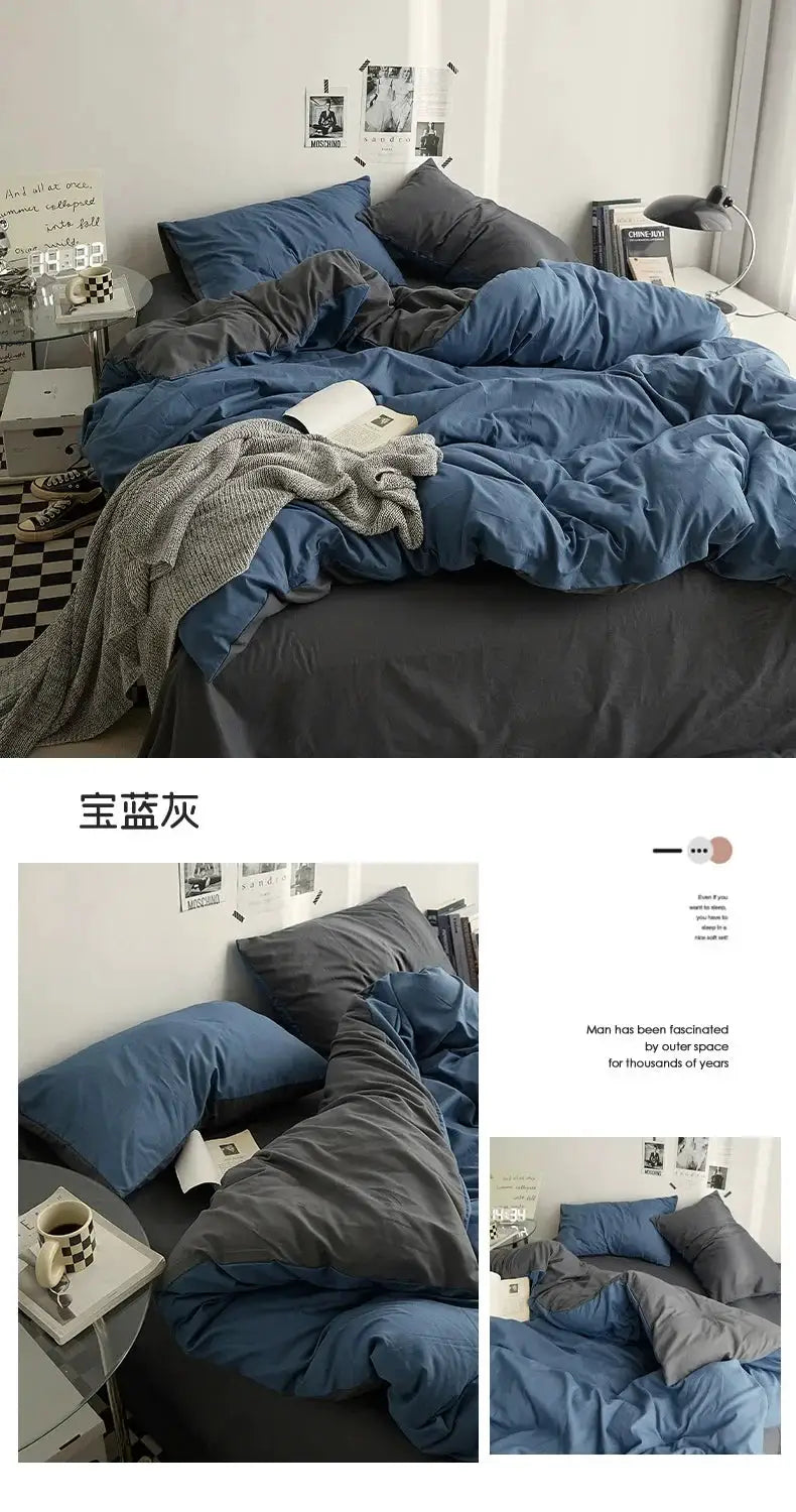 4-piece solid color cotton bedding set by Simples Market on a dorm bed in blue and gray