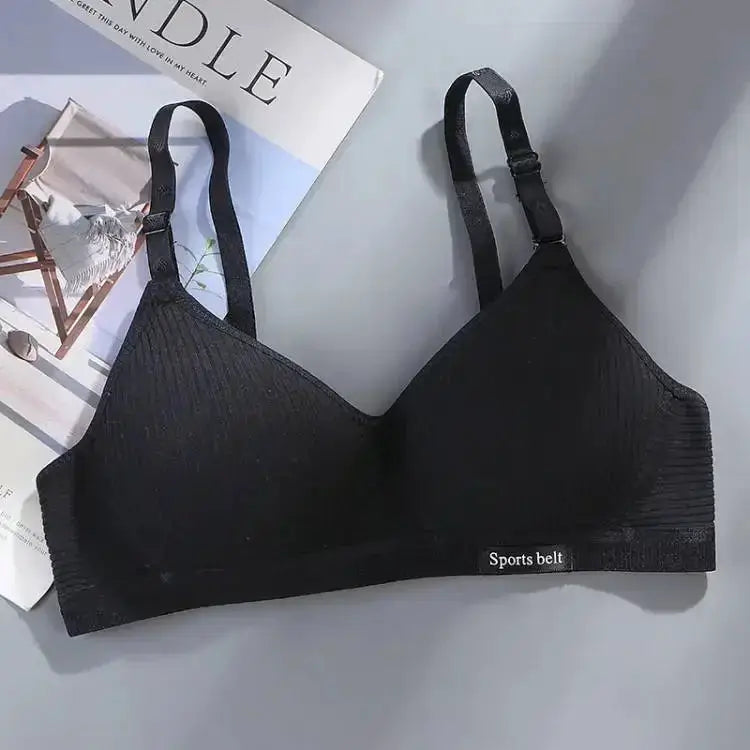 Black cotton wireless bra for women with AB cup, gathering cups and adjustable straps