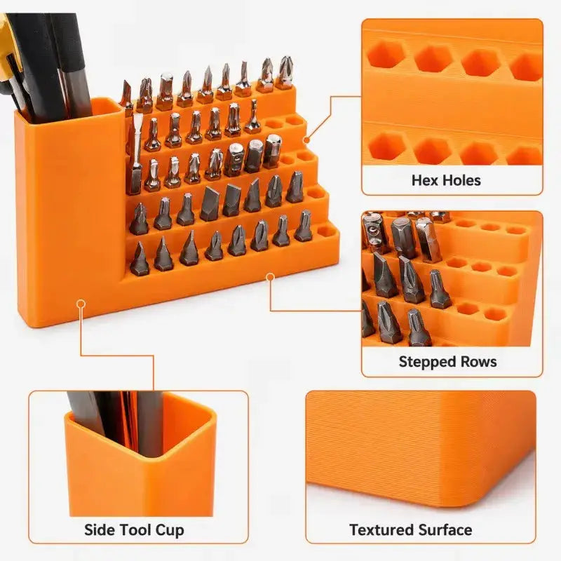 Rafford 50-hole 1/4-inch hex bit holder and screwdriver bit organizer rack, orange textured stepped rows