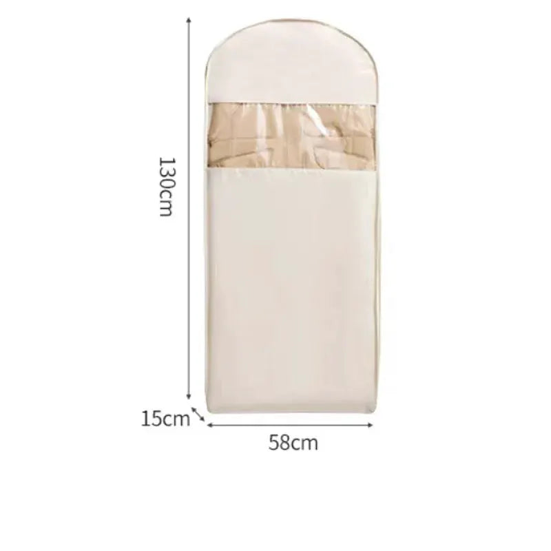 Clothing compression bag wardrobe organizer for down jackets, beige fabric, 130 cm tall x 58 cm wide x 15 cm deep.