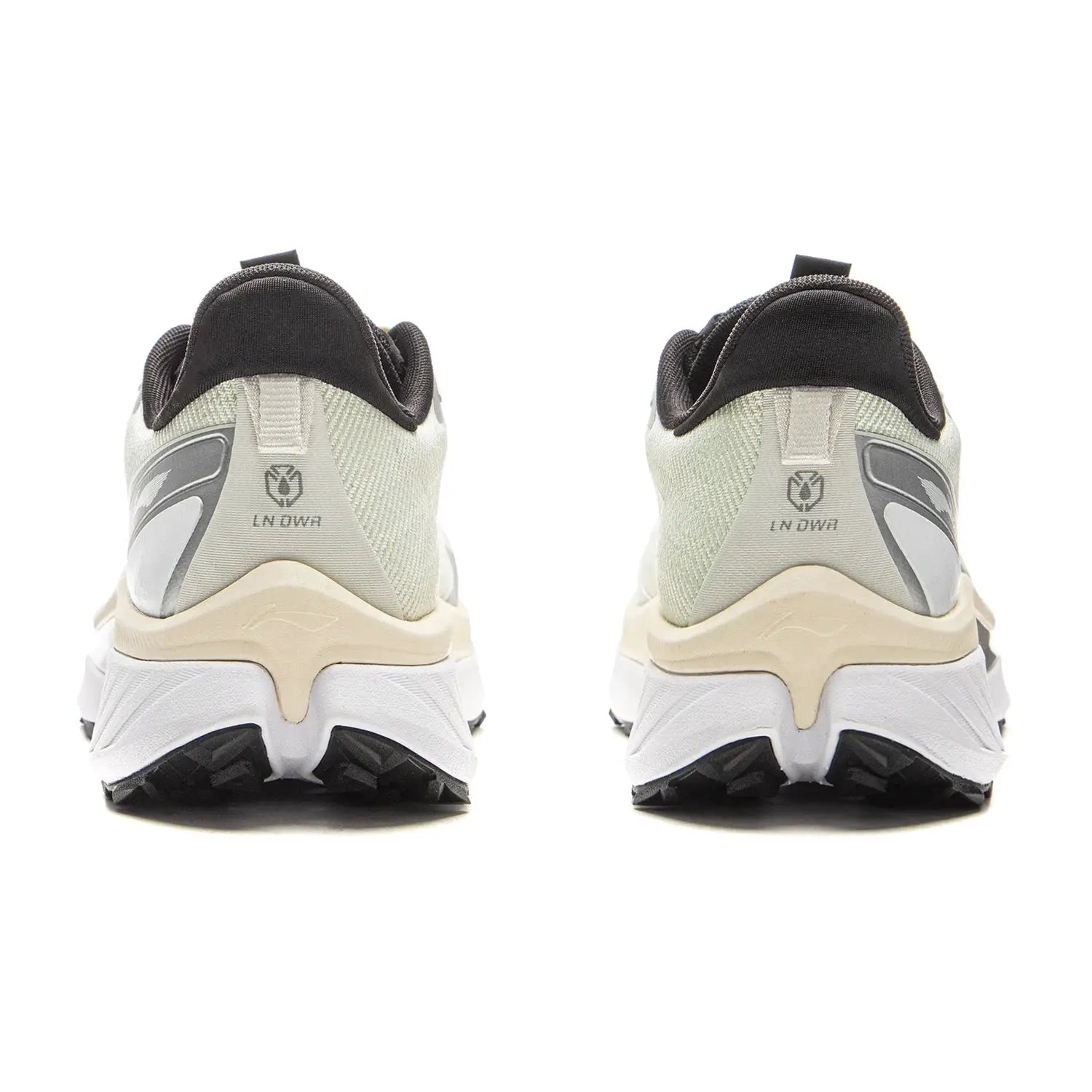Li-Ning BEN XIAO trail running shoes pair, beige/gray upper with black heel collar, LN DWR badge on heel