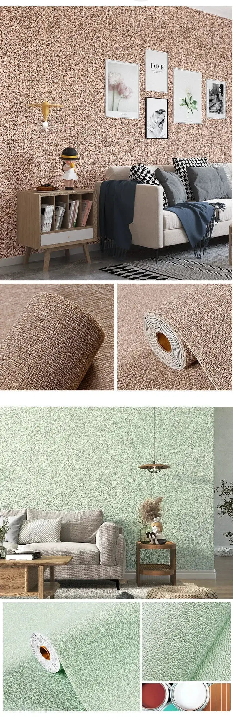 Simples Market linen 3D foam self-adhesive PVC wallpaper in brown textured finish and mint green option for wall décor