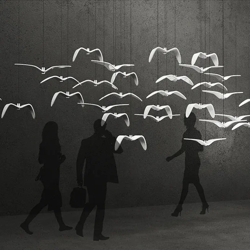 Seagull design LED pendant lights, white bird-shaped chandeliers forming a flock for bar or kitchen ceiling lighting