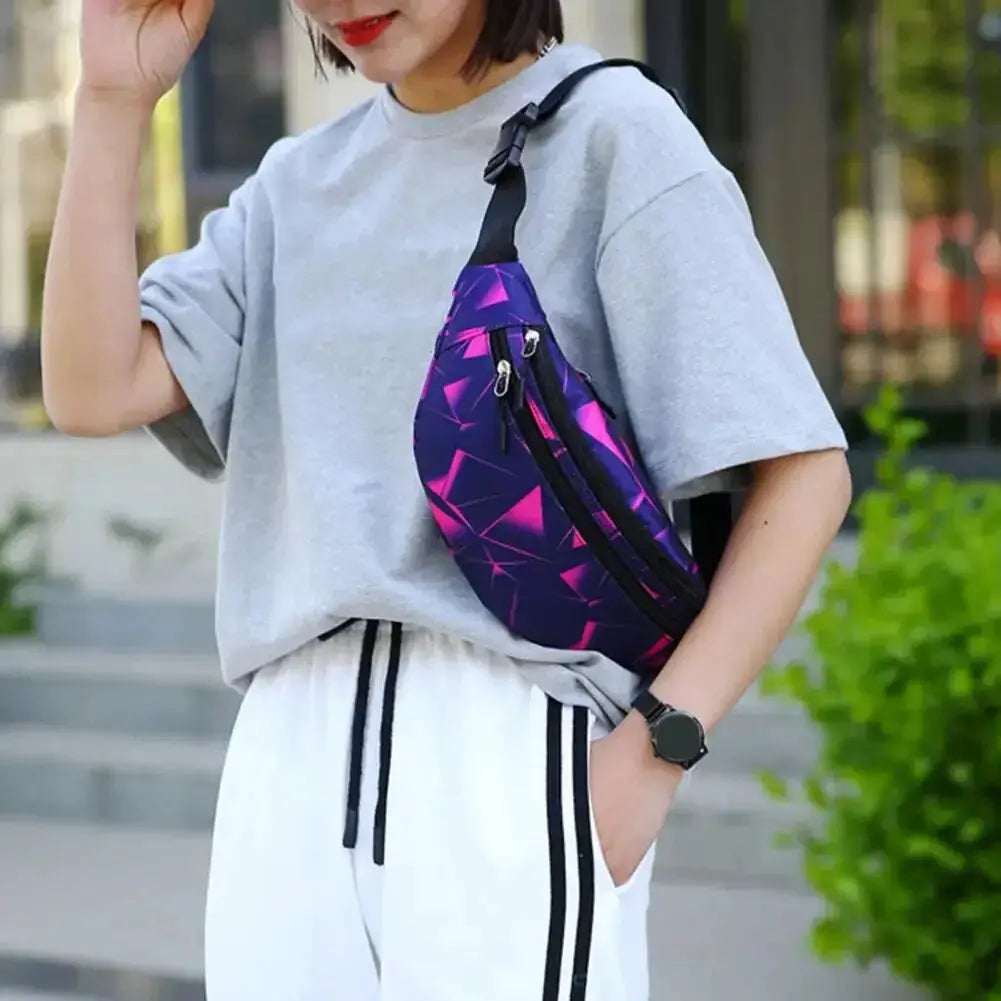 Sports waist pack purple geometric print waterproof running belt with dual zip pockets