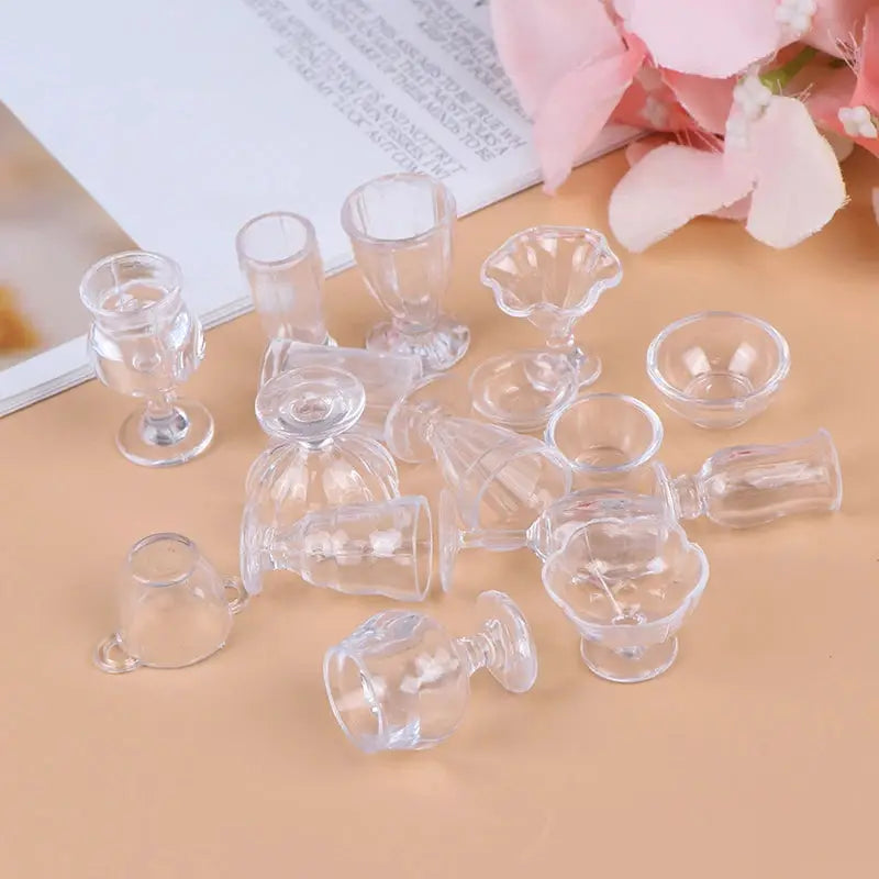 Seventeen Piece Transparent Dollhouse Kitchenware Set For DIY Pretend Play Miniature Cups Plates Dishes Bowls