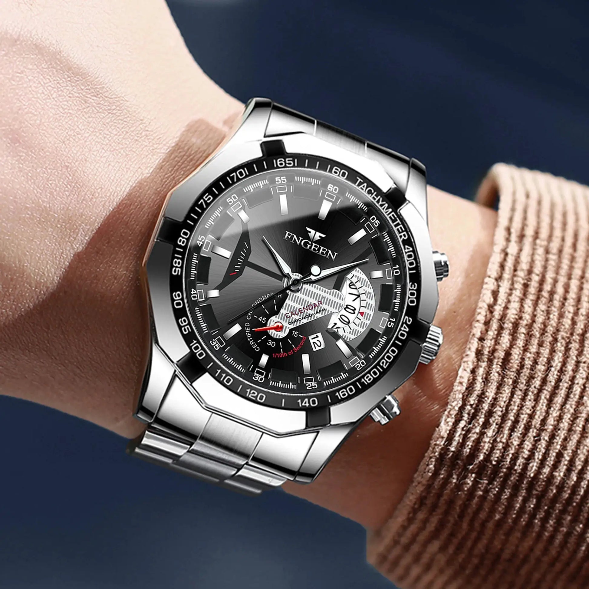 BINBOND men's stainless steel quartz watch with luminous dial, date function, waterproof