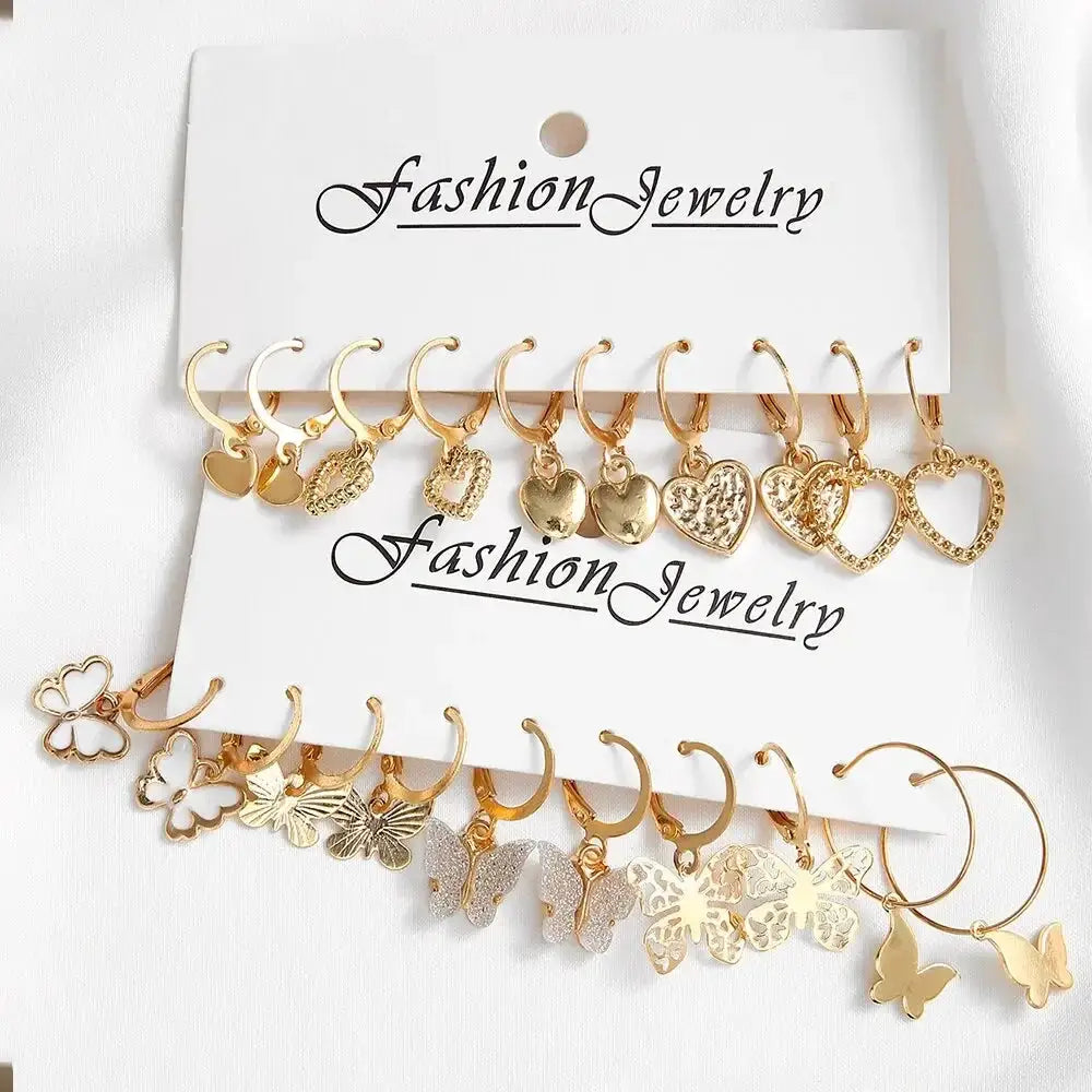 10 Piece Gold Color Earrings Set For Women Hollowed Out Butterfly And Heart Love Design Jewelry Gifts