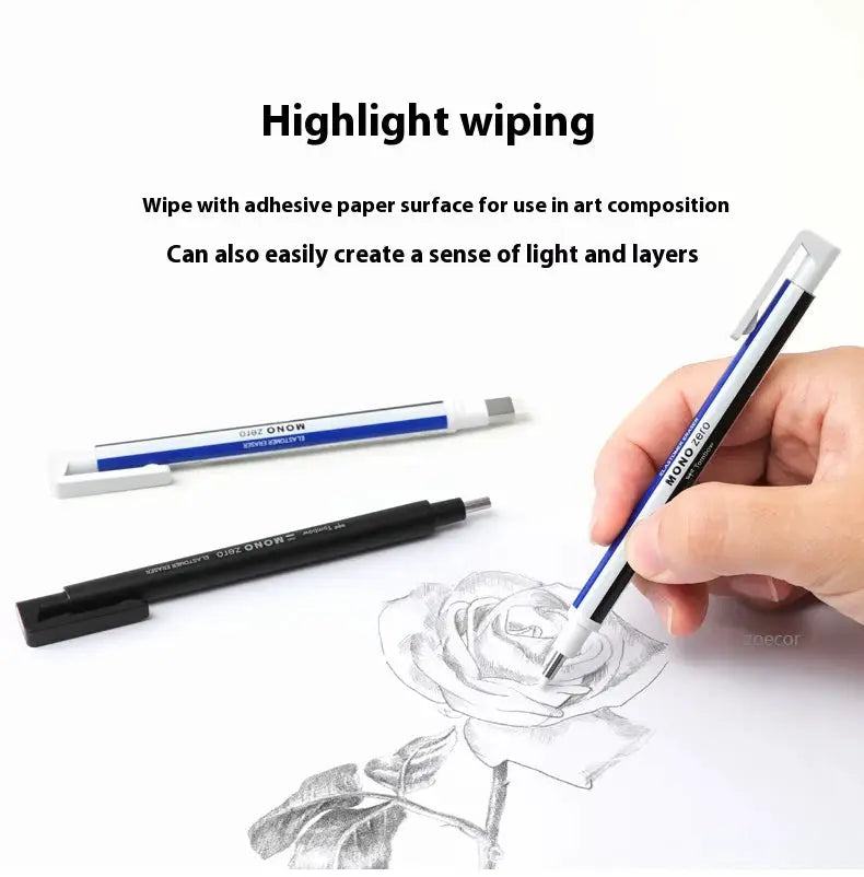 Tombow Mono Zero eraser pen set of three with blue/white and black bodies and metal tips for artists by Simples Market