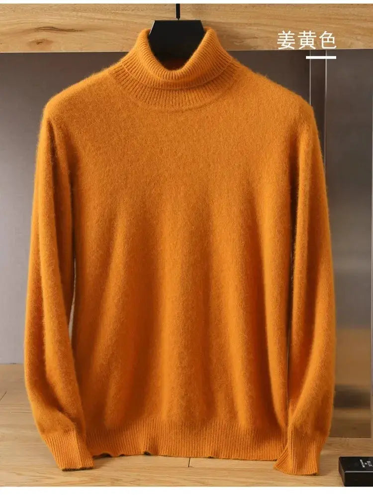 Men's mink velvet cashmere sweater in mustard orange with a high neck and long sleeves