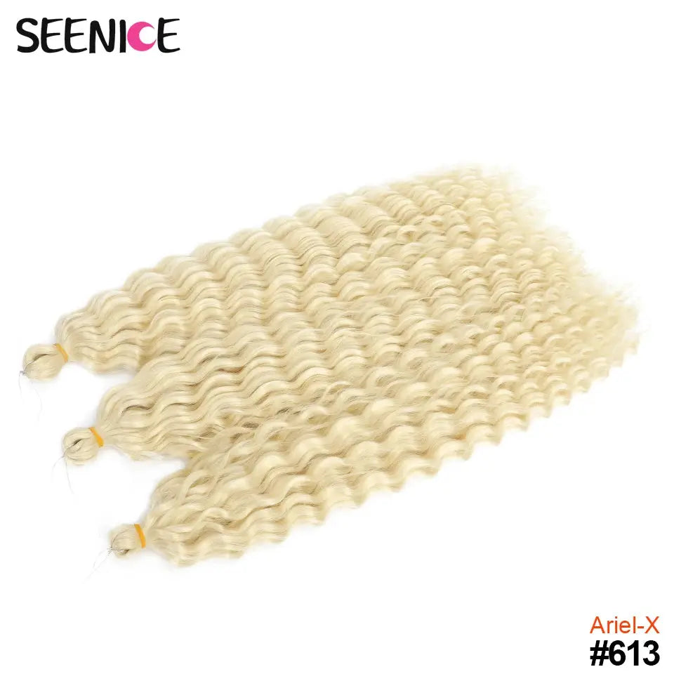 Ariel-X crochet hair extensions in ombre blonde with water-wave curls, 3 bundles, SEENICE logo.