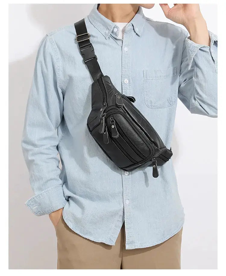 Men's genuine leather fanny pack with multiple pockets, black waist bag by Simples Market