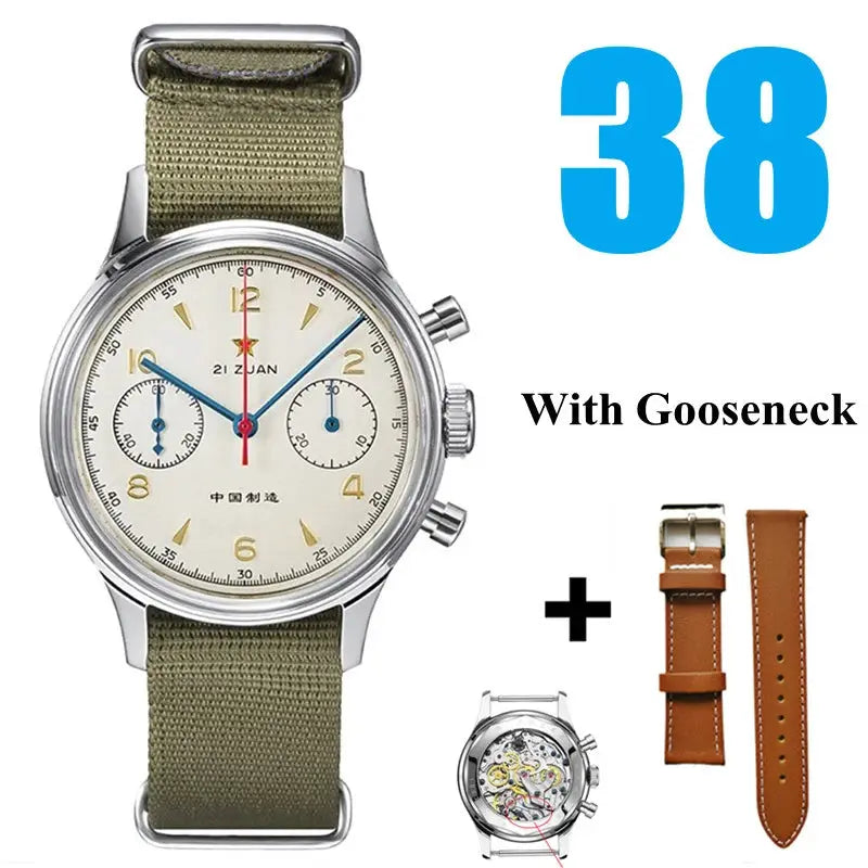 Simples Market RED STAR 38mm chronograph watch with Seagull ST1901 movement and olive NATO strap; extra leather strap.