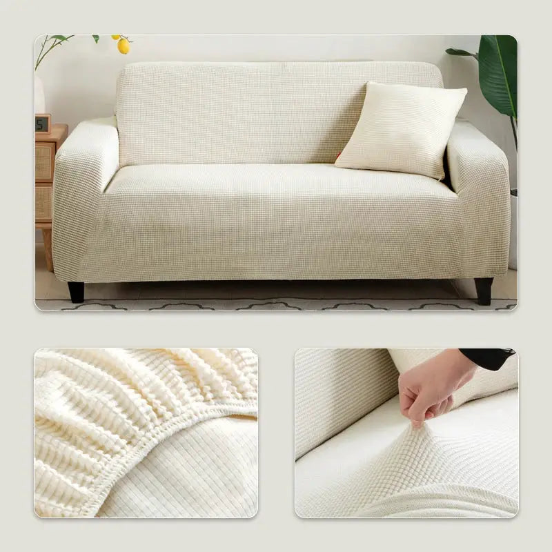 Elastic jacquard sofa cover in cream for a 3-seater couch with a stretchy elastic edge