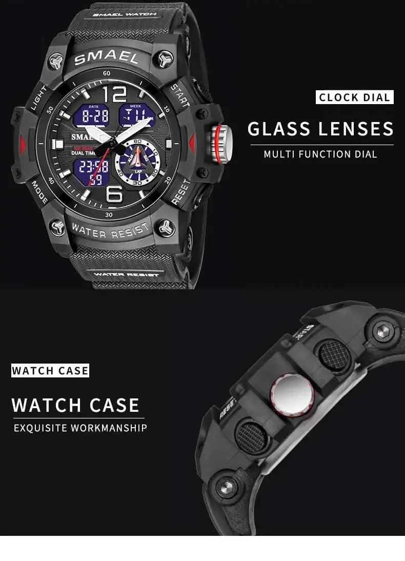 SMAEL sport watch for men with black military-style case, LED backlight and dual time display