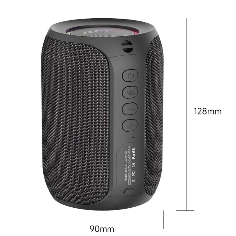 ZEALOT-S32PRO Bluetooth speaker by Simples Market, black cylindrical wireless speaker with LED ring on top and side control buttons.