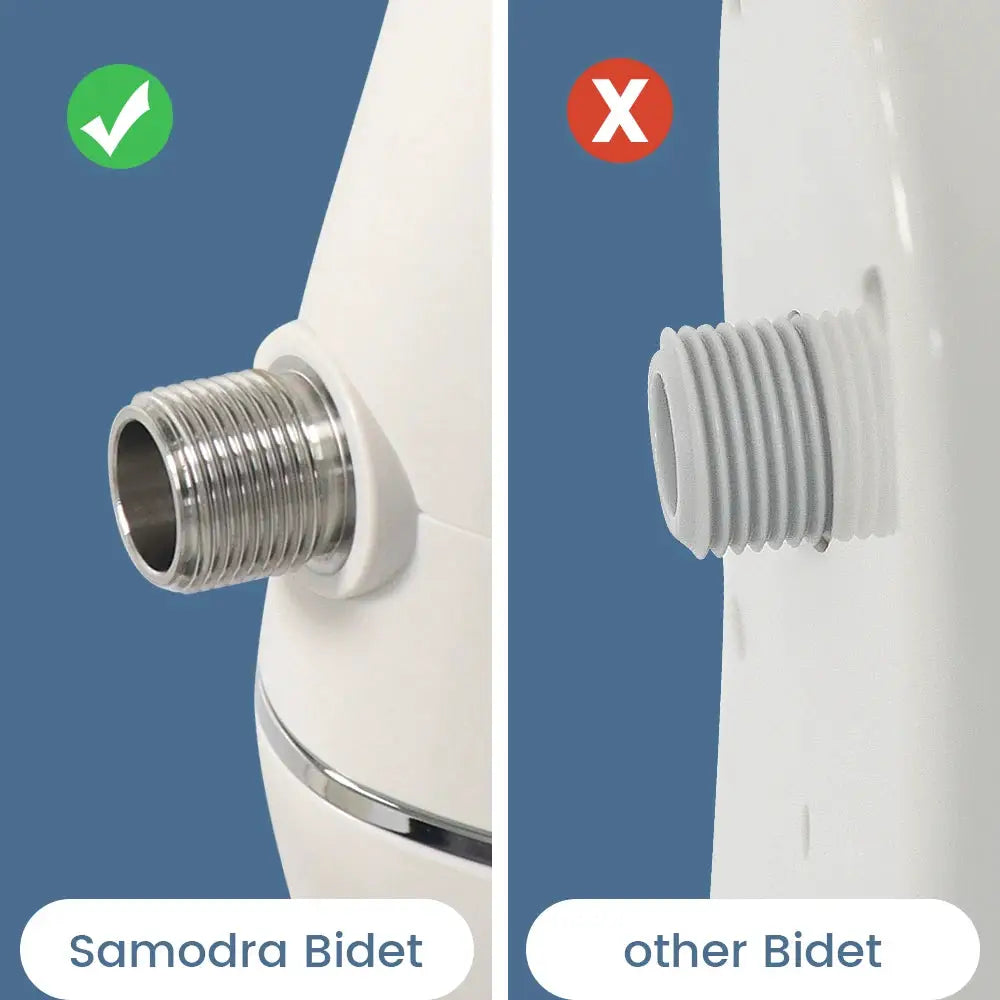 SAMODRA Ultra Slim Bidet Attachment for Toilet Seat, white with metal threaded inlet; two bidet attachments shown